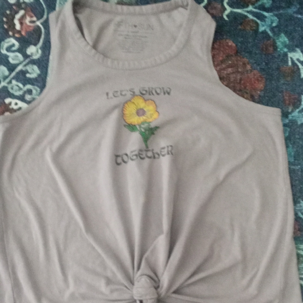 Gray and White Sleeveless Crop Muscle Tee with Tie Front